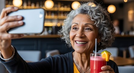 Senior Woman Capturing Memories with a Cocktail Selfie.