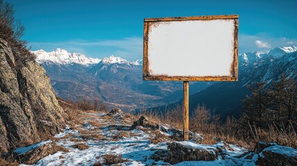 Blank wooden signpost in snowy mountain landscape