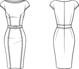 Elegant women’s bodycon dress fashion flat sketch, front and back technical drawing, fitted design with belt, cap sleeves, professional apparel illustration