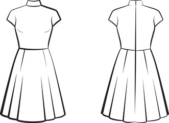 Elegant women midi dress flat sketch, short sleeve mock neck design, front and back technical fashion drawing for apparel design illustration