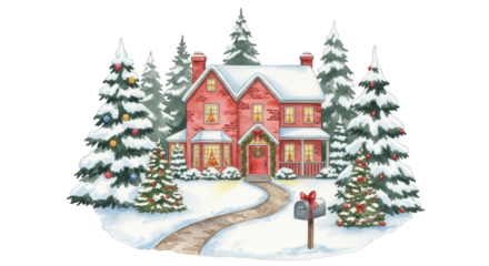 Festive winter home watercolor christmas holiday scene art on transparent background
