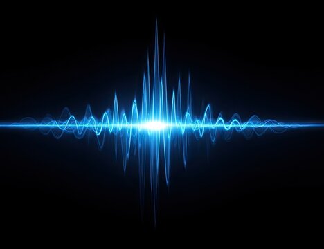 Blue wave form energy pulse emanating from a central bright light on black