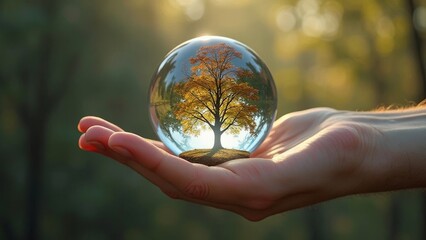 Eine Hand hält eine Glaskugel mit einem Baum darin