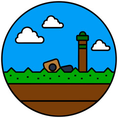 A cartoon landscape with a tower and a fallen object in a circle