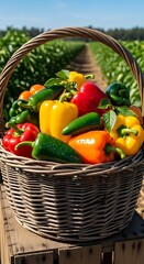 Basket of Colorful Peppers Harvested from the Field.