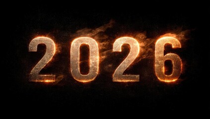 the word "2026" is written in glowing, fiery letters on a black background