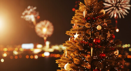 Christmas tree decorated with ornaments against night sky with fireworks