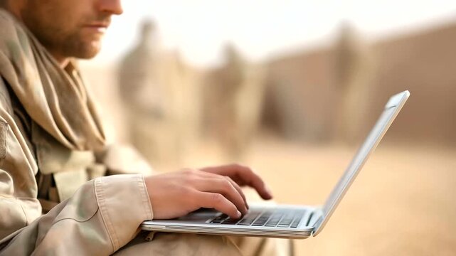Soldier with laptop controlling drone defocused desert teammates, faceless military technology, tactical visualization detail, blurred distance background, operation concept, comma