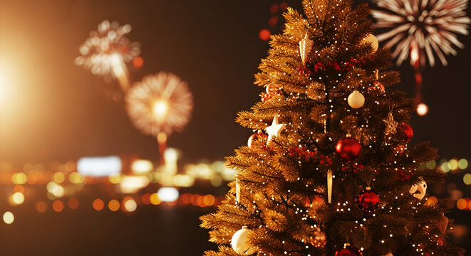 Christmas tree decorated with ornaments against night sky with fireworks   - Powered by Adobe