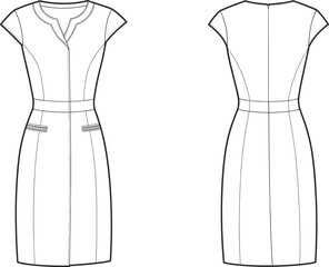 Elegant women’s dress fashion flat sketch, technical drawing, short sleeve sheath dress design, apparel CAD template, vector illustration for clothing design presentation