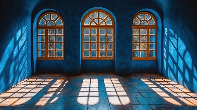 Blue room with arched windows and sunbeams - Powered by Adobe