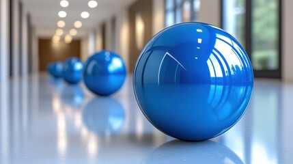Naklejka premium Blue spheres in a hallway