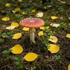 Amanita muscaria mushroom in autumn forest with fallen yellow leaves.