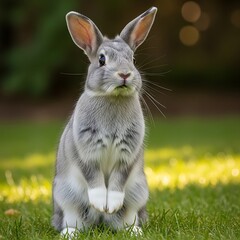 Attentive Gray Rabbit Standing on Green Grass in Natural Light.