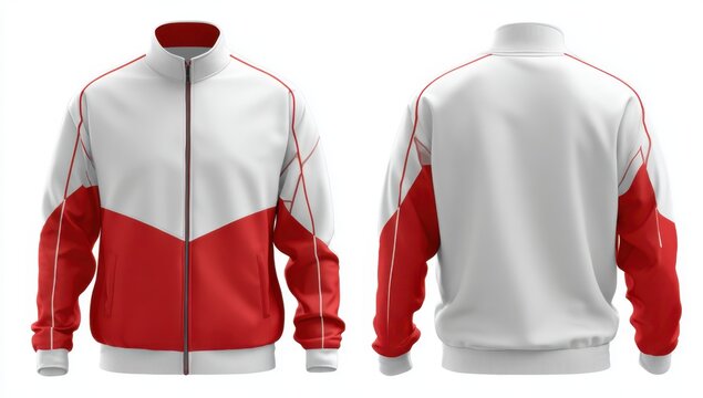 vector track suit jacket design template with white and red colors, front view and back side view, no background.