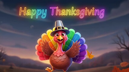Animated turkey with vibrant rainbow feathers dancing in falling autumn leaves under neon glowing happy thanksgiving sky - Powered by Adobe