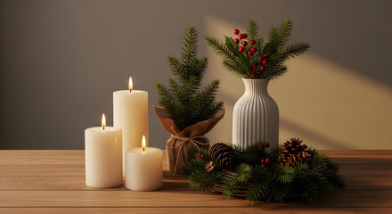 Close-Up of Candles with Greenery, Berries, and Rustic Decor