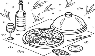 Vector illustration of a seamless pattern set of food icons including pizza, sandwich, and coffee, alongside a rocket design sketch for a vintage restaurant menu