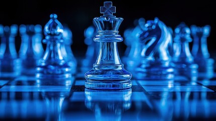 Blue-lit chess king, surrounded by other pieces