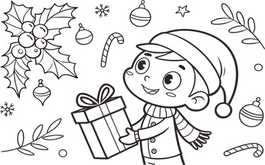 Hand drawn vector illustration of cartoon child celebrating Christmas holiday with a shopping bag of gifts and presents