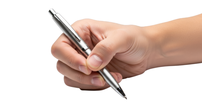 Hand holding pen writing concept stock graphic illustration on transparent background