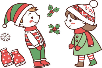 Cartoon vector illustration of Santa Claus with Christmas tree, gift, and happy children celebrating the winter holiday