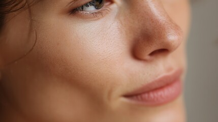 Fototapeta premium Close-up of a woman's face highlighting natural beauty and skin texture in soft lighting