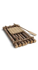 Handmade Wooden Raft with Paddle on White Background, Rustic Watercraft.
