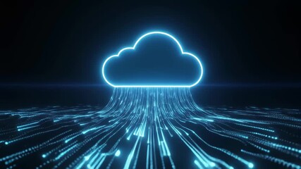 Glowing neon cloud emitting digital data streams against a dark icon background representing abstract technology and network connectivity - Powered by Adobe