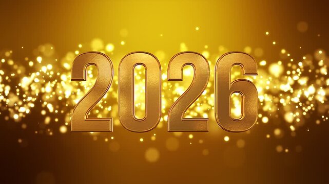 Video animation of golden light shine particles bokeh over golden background and the numbers 2026 in gold - represents the new year - vacation concept.