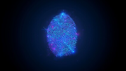 Vibrant blue and purple glowing fingerprint illuminated against a dark mysterious background