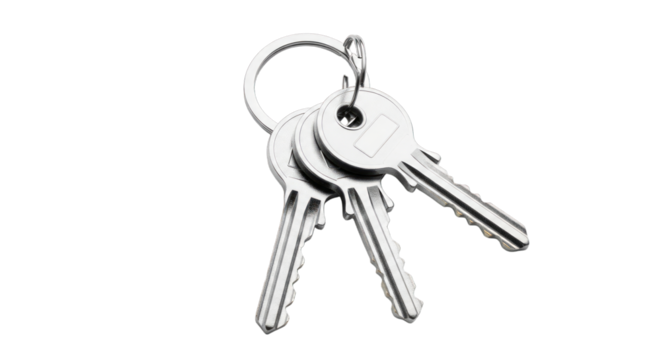 Silver keys on ring security access unlock metal object on transparent background