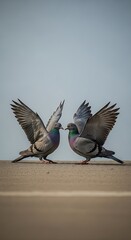 Pigeons in a standoff, wings spread, ready for a fight.