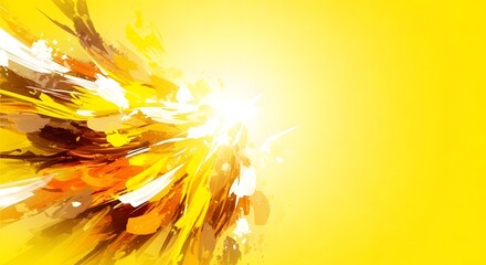A vibrant explosion of yellow and orange abstract brush strokes emanating from a bright white light source against a solid yellow background.
