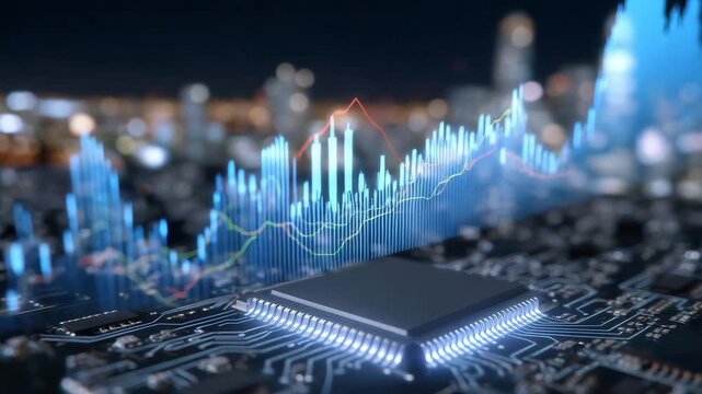 404Close-up of an advanced AI chip, illuminated connections transmitting data, holographic charts of energy trading hovering above circuit board