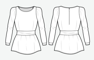 Peasant tops front and back view mockup template vector design technical illustration.