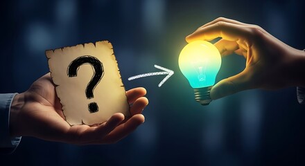 Transforming questions into brilliant ideas and innovative solutions with a glowing lightbulb transformation