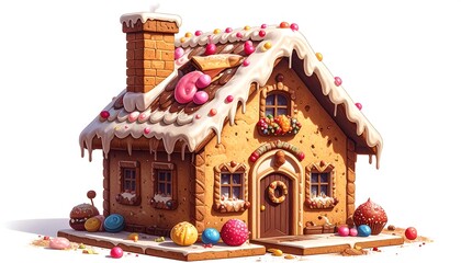 Whimsical gingerbread house decorated with colorful candies and frosting.