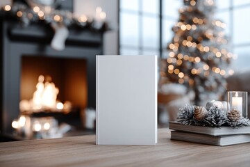 white blank book cover mockup on a table with a christmas tree and fireplace in the background