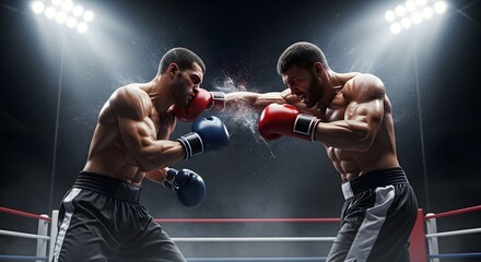 Two boxers in a boxing ring throwing punches at each other during a match under bright stadium lights.