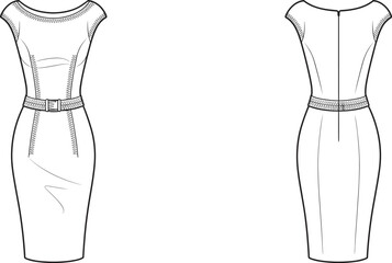 Elegant women’s fitted sheath dress technical flat sketch, short sleeve with waist belt, bodycon silhouette, back zipper, fashion design template illustration