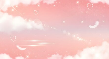 A soft pink sky with fluffy clouds, sparkling stars, and delicate floating hearts and feathers.