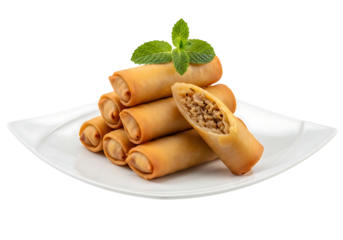 Golden brown crispy spring rolls stacked on a white plate garnished with fresh mint isolated on transparent background