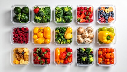 Colorful variety of fresh fruits and vegetables neatly sorted into clear meal prep containers, illustrating healthy eating, efficient food planning, and nutritious snack options