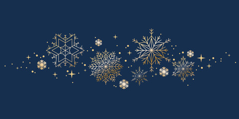 Composition with a golden snowflakes. Vector illustration isolated on a blue background