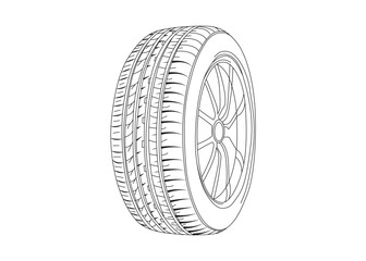 Car tire line art illustration with tread and rim detail isolated on white background.
black and white car tire vector line art outline graphic, detailed line art, minimalist tire icon,