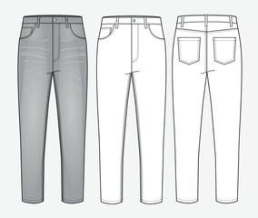 Women skinny denim pant front and back view design technical flat sketch vector mockup template.