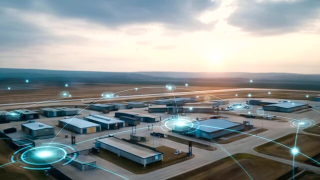 Aerial satellite view of military base defocused desert location, faceless intelligence banner, strategic visualization detail, blurred facility background, security concept, defen