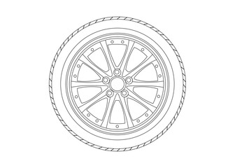 Car tire line art illustration with tread and rim detail isolated on white background.
black and white car tire vector line art outline graphic, detailed line art, minimalist tire icon,