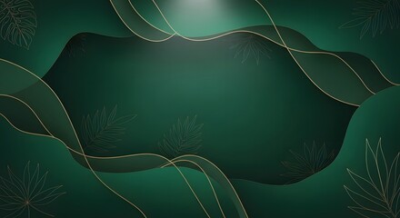 Abstract dark green background with flowing golden lines and subtle leaf outlines.